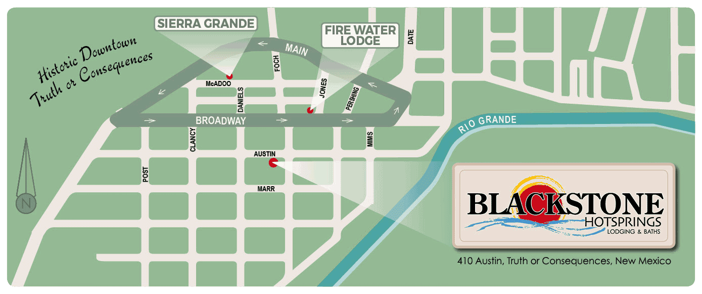 map of Blackstone Hotsprings in downtown Truth or Consequences New Mexico